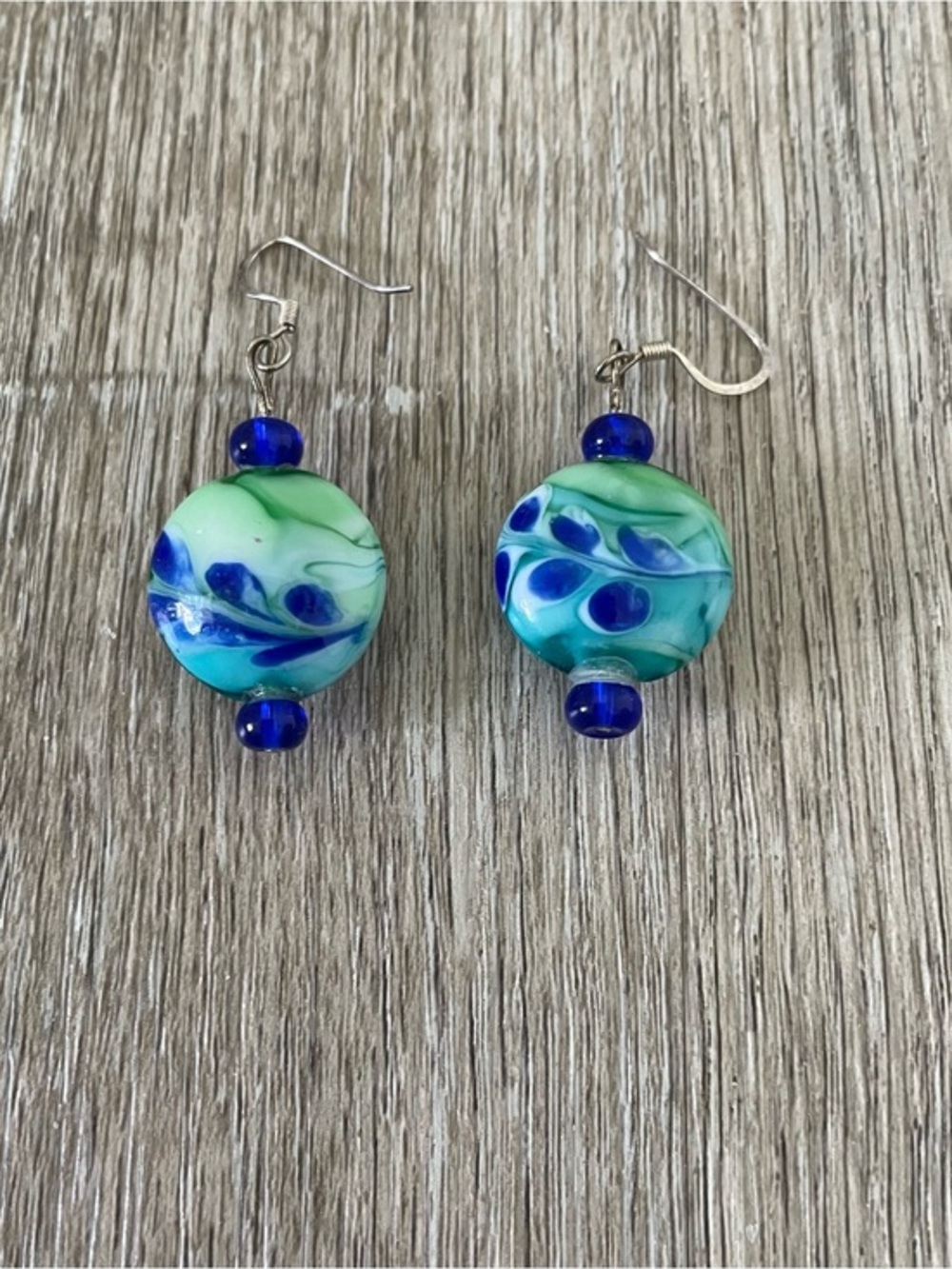 Lampwork Glass Bead Dangle Earrings Blue Green Turquoise Floral Swirl